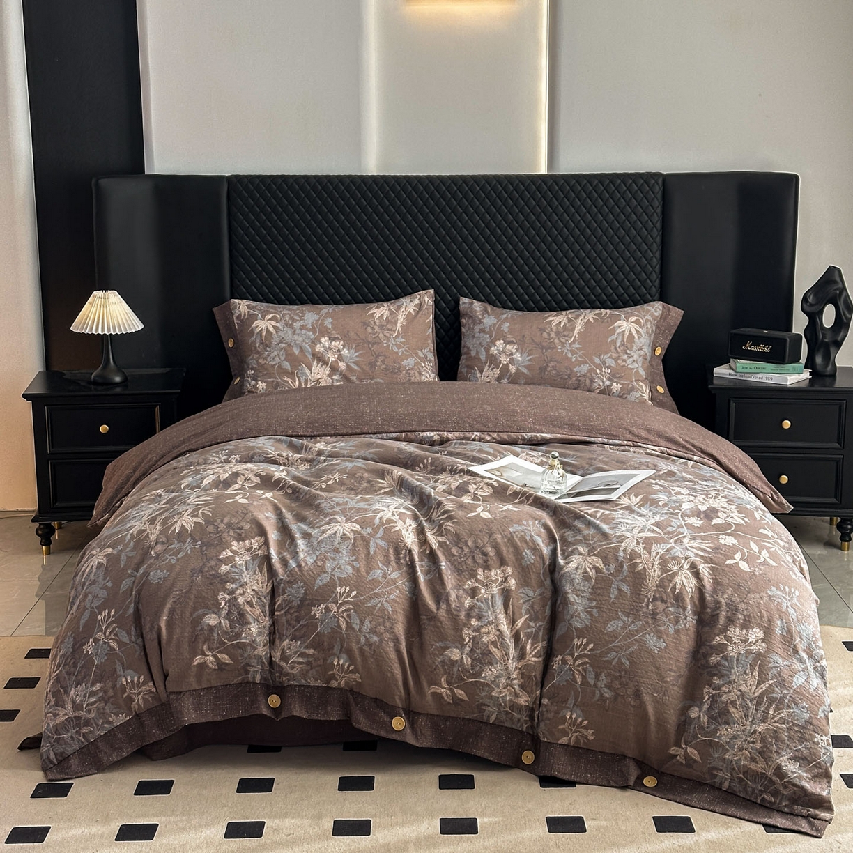 91家纺网 家纺一手货源 找家纺 晚爱家纺（原晚安家居） 2026新款加厚双层纱原麻纽扣款四件套 叶影