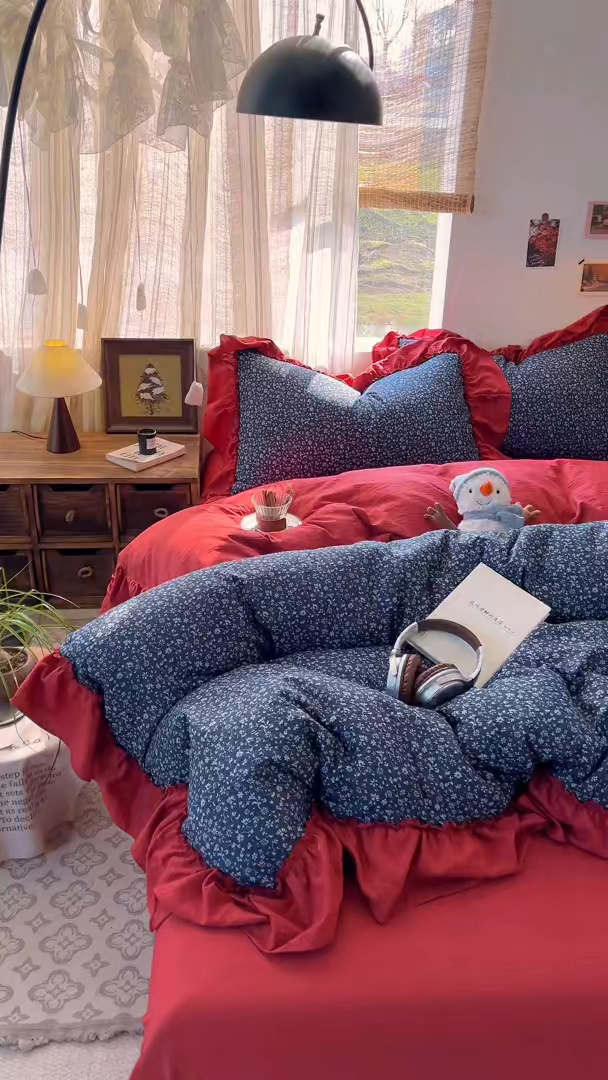 91家纺网 家纺一手货源 找家纺 欣宜家纺 2026新款荷叶花边床上四件套ins风法式少女心被套床单学生宿舍三件套 莫奈