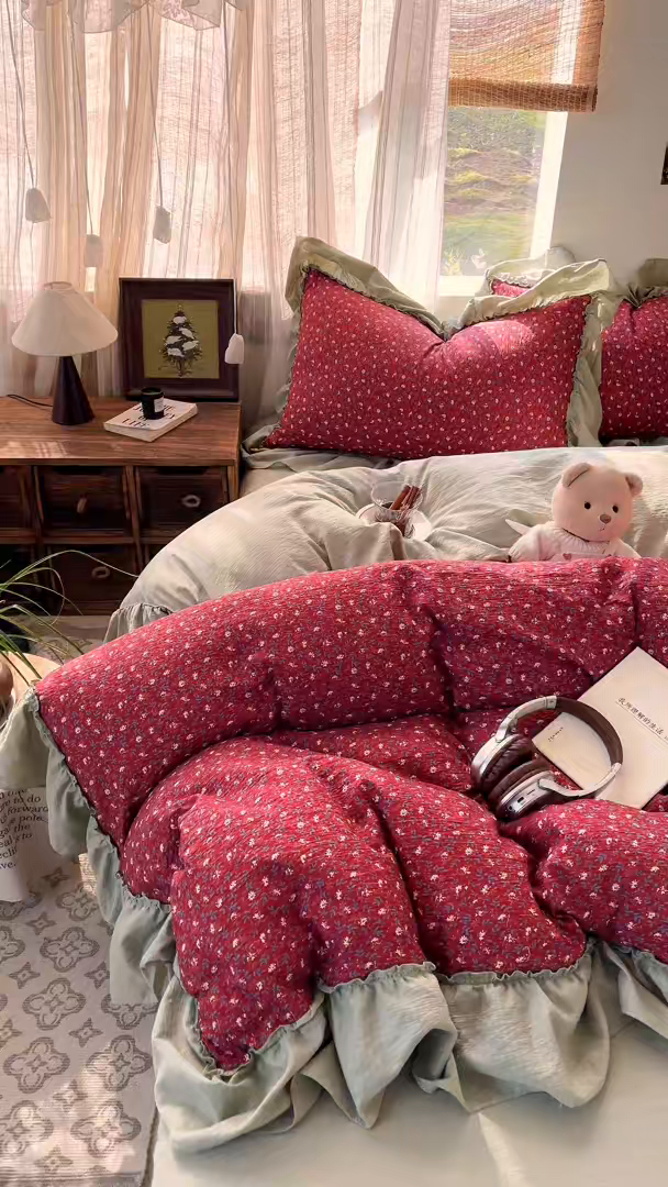 91家纺网 家纺一手货源 找家纺 欣宜家纺 2026新款荷叶花边床上四件套ins风法式少女心被套床单学生宿舍三件套 秋野