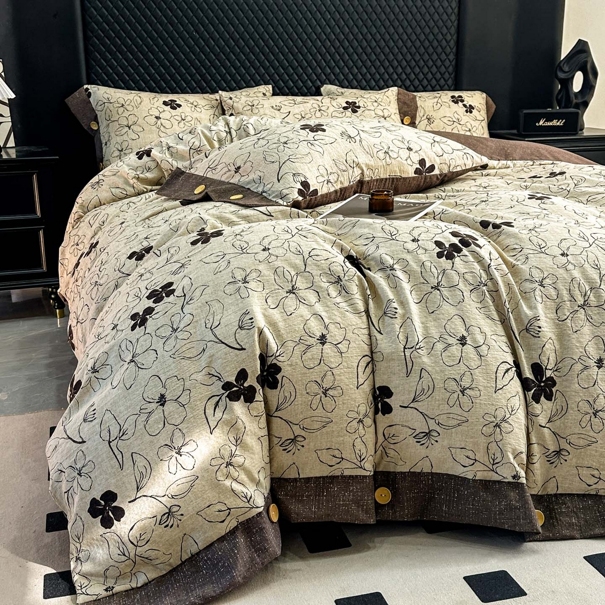 91家纺网 家纺一手货源 找家纺 晚爱家纺（原晚安家居） 2026新款加厚双层纱原麻纽扣款四件套 约定咖