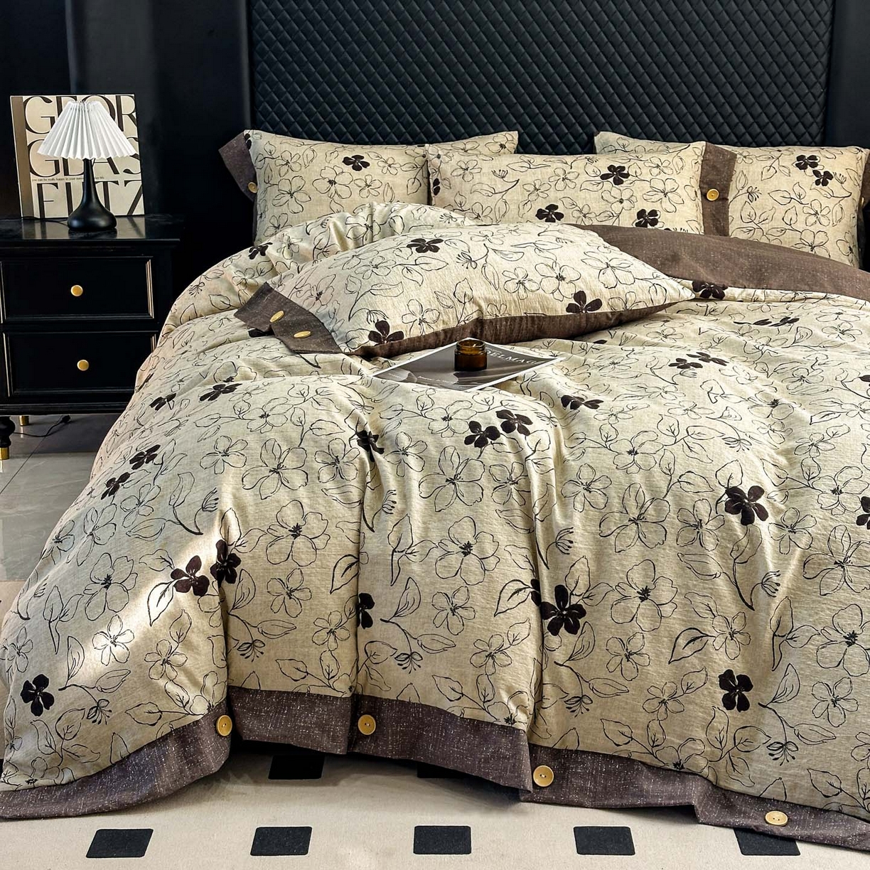 91家纺网 家纺一手货源 找家纺 晚爱家纺（原晚安家居） 2026新款加厚双层纱原麻纽扣款四件套 约定咖