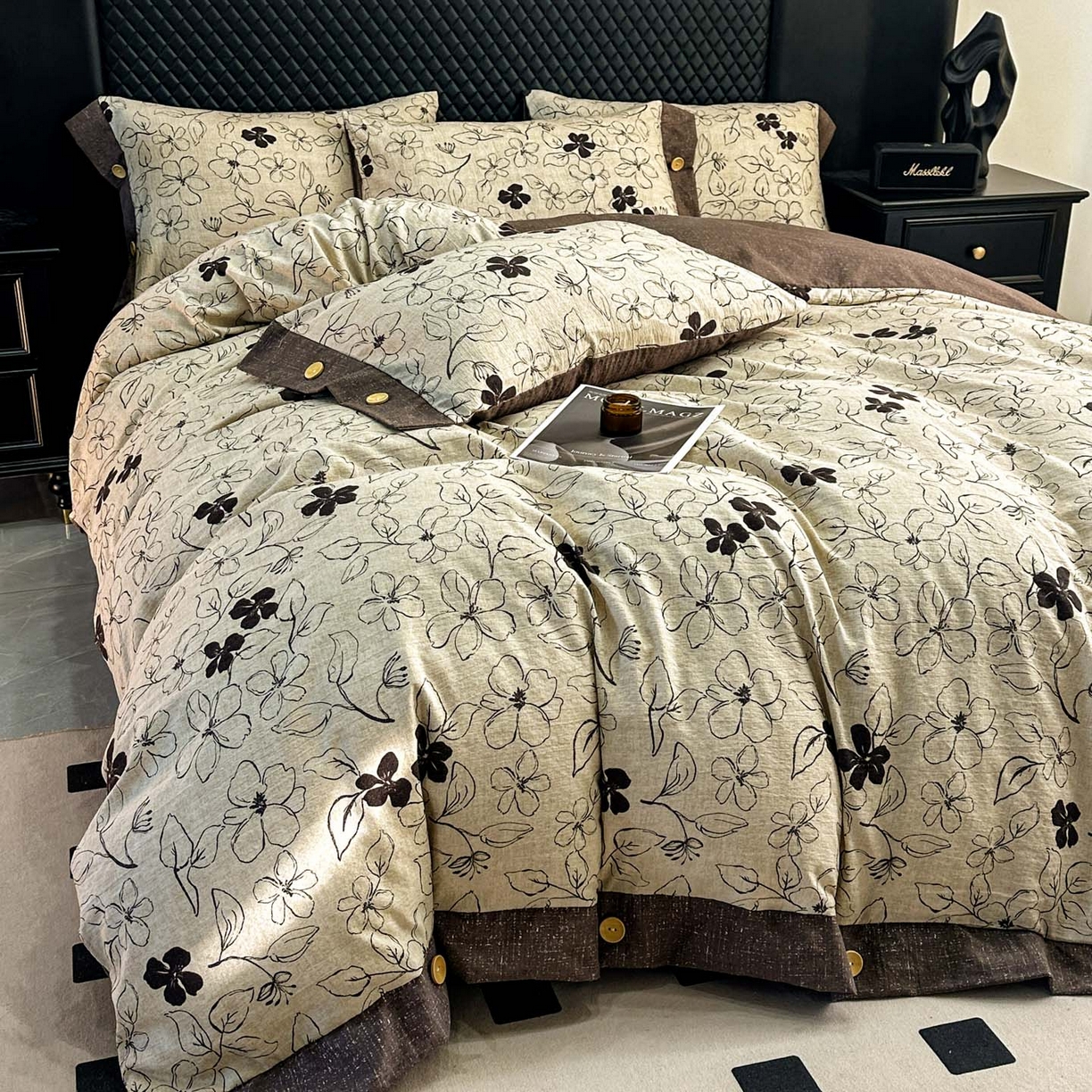 91家纺网 家纺一手货源 找家纺 晚爱家纺（原晚安家居） 2026新款加厚双层纱原麻纽扣款四件套 约定咖