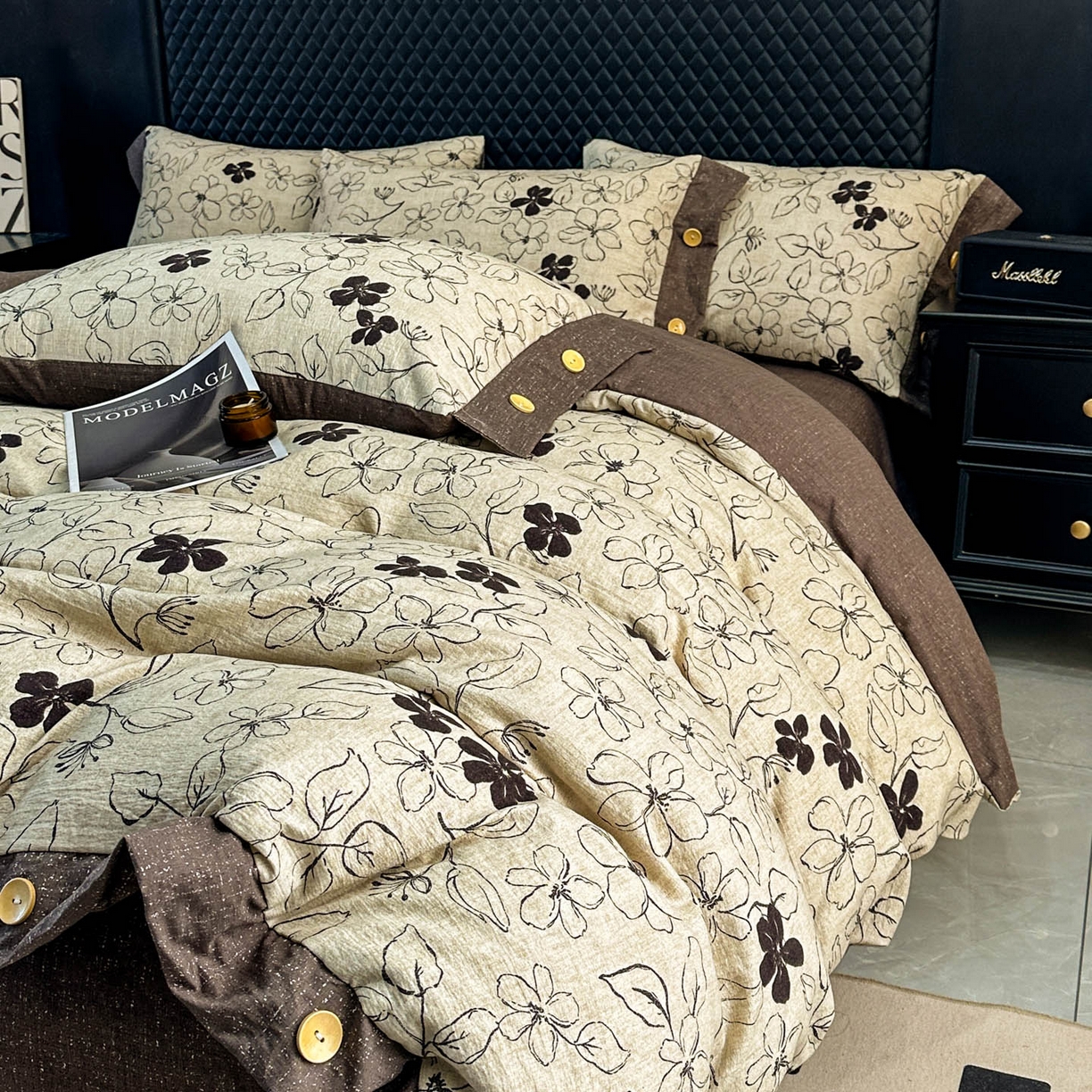 91家纺网 家纺一手货源 找家纺 晚爱家纺（原晚安家居） 2026新款加厚双层纱原麻纽扣款四件套 约定咖