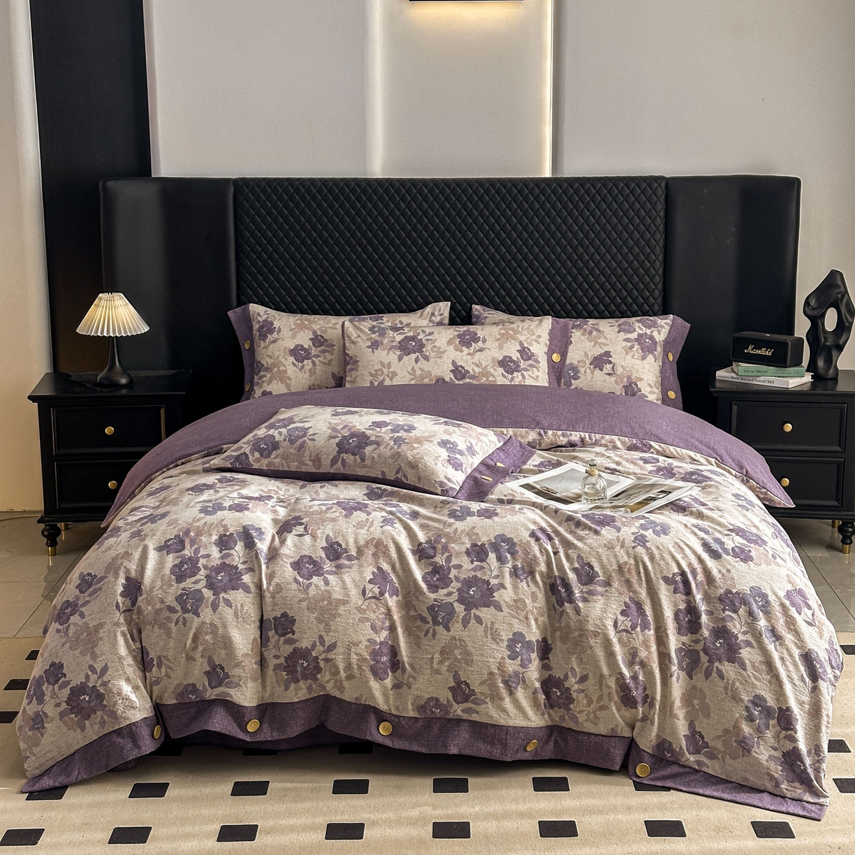 91家纺网 家纺一手货源 找家纺 晚爱家纺（原晚安家居） 2026新款加厚双层纱原麻纽扣款四件套 紫色花漾