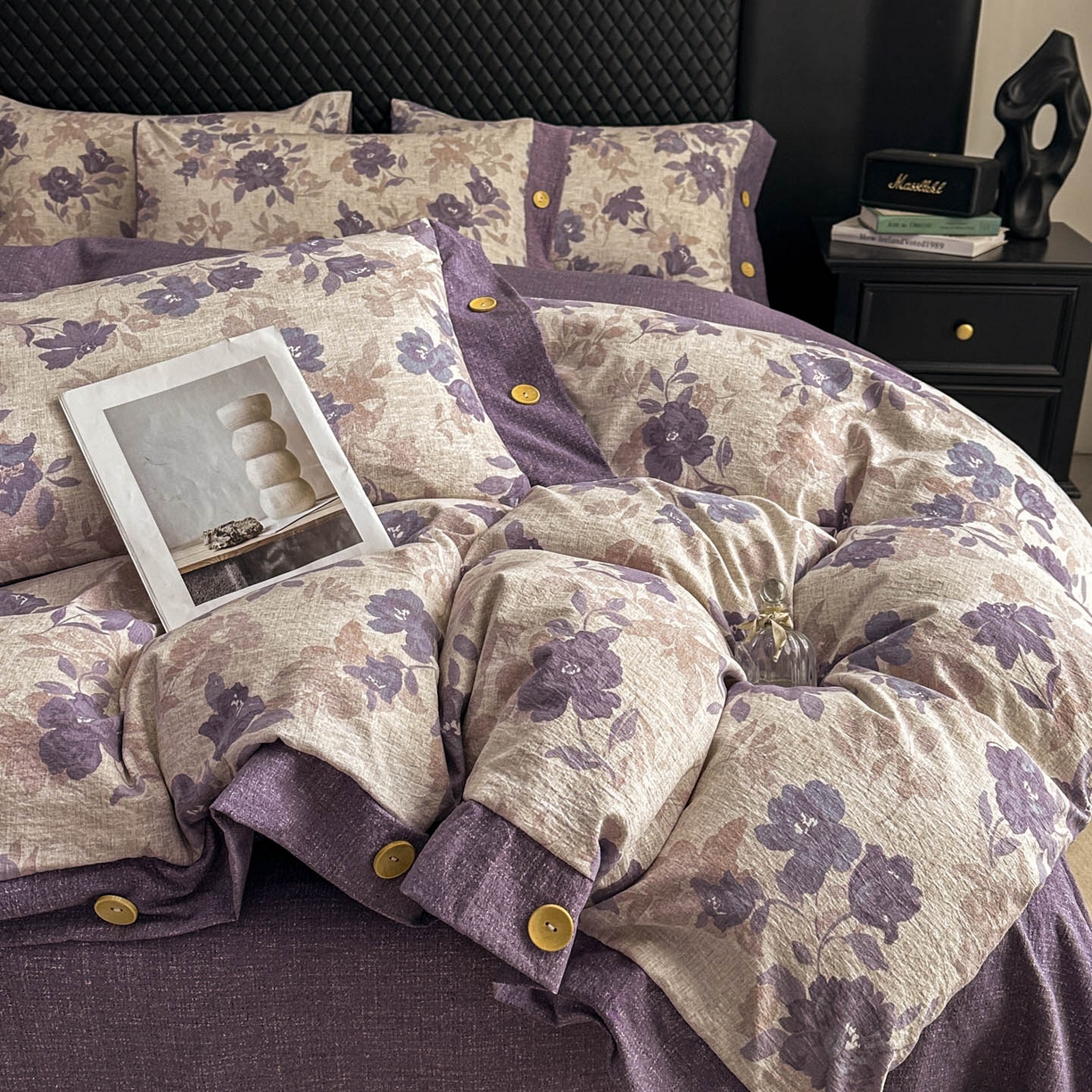 91家纺网 家纺一手货源 找家纺 晚爱家纺（原晚安家居） 2026新款加厚双层纱原麻纽扣款四件套 紫色花漾