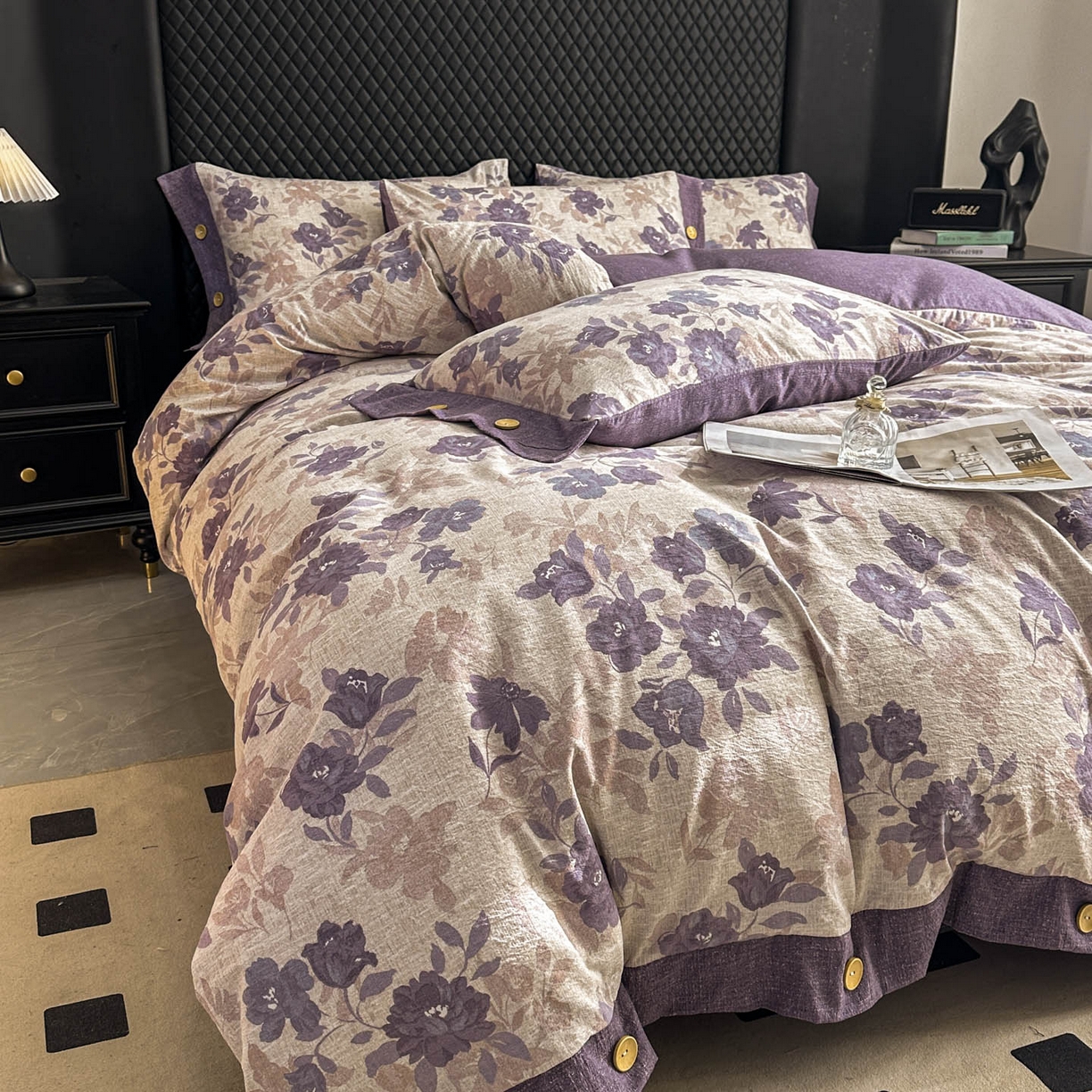 91家纺网 家纺一手货源 找家纺 晚爱家纺（原晚安家居） 2026新款加厚双层纱原麻纽扣款四件套 紫色花漾