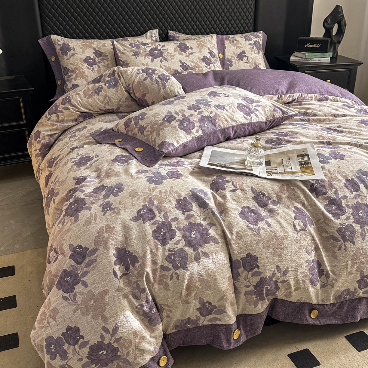 91家纺网 家纺一手货源 找家纺 晚爱家纺（原晚安家居） 2026新款加厚双层纱原麻纽扣款四件套 紫色花漾