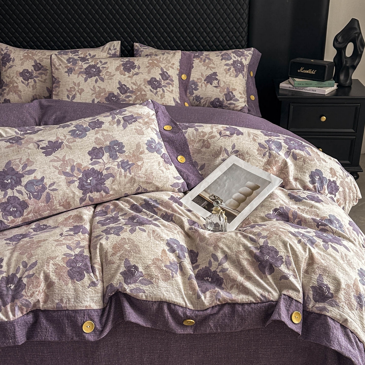 91家纺网 家纺一手货源 找家纺 晚爱家纺（原晚安家居） 2026新款加厚双层纱原麻纽扣款四件套 紫色花漾