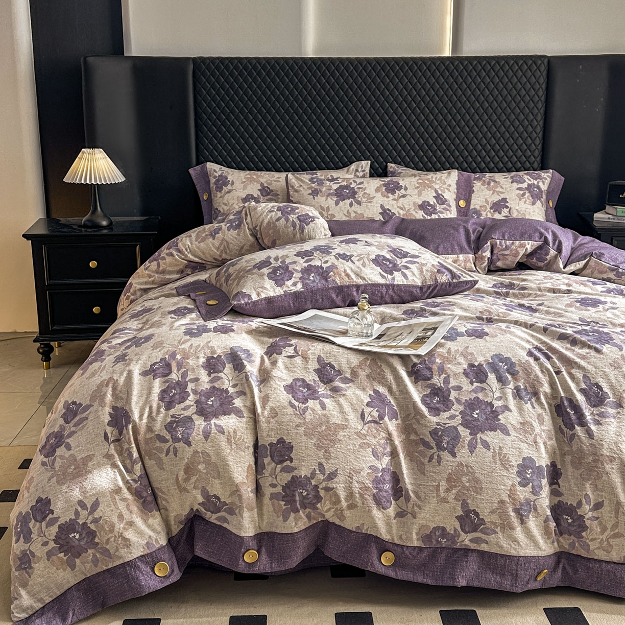 91家纺网 家纺一手货源 找家纺 晚爱家纺（原晚安家居） 2026新款加厚双层纱原麻纽扣款四件套 紫色花漾