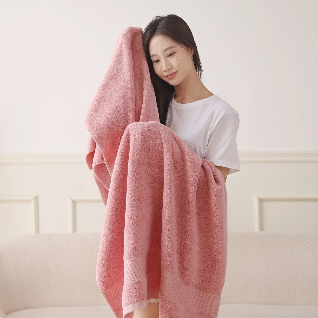 91家纺网 家纺一手货源 找家纺 朴尔家纺-毛巾被 2026新款纯色全棉缎档加大加厚浴巾-晨雾 迷香粉 90x180cm/条