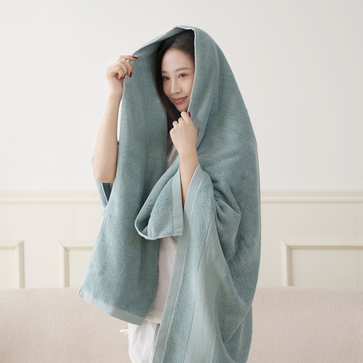 91家纺网 家纺一手货源 找家纺 朴尔家纺-毛巾被 2026新款纯色全棉缎档加大加厚浴巾-晨雾 樱草绿 90x180cm/条