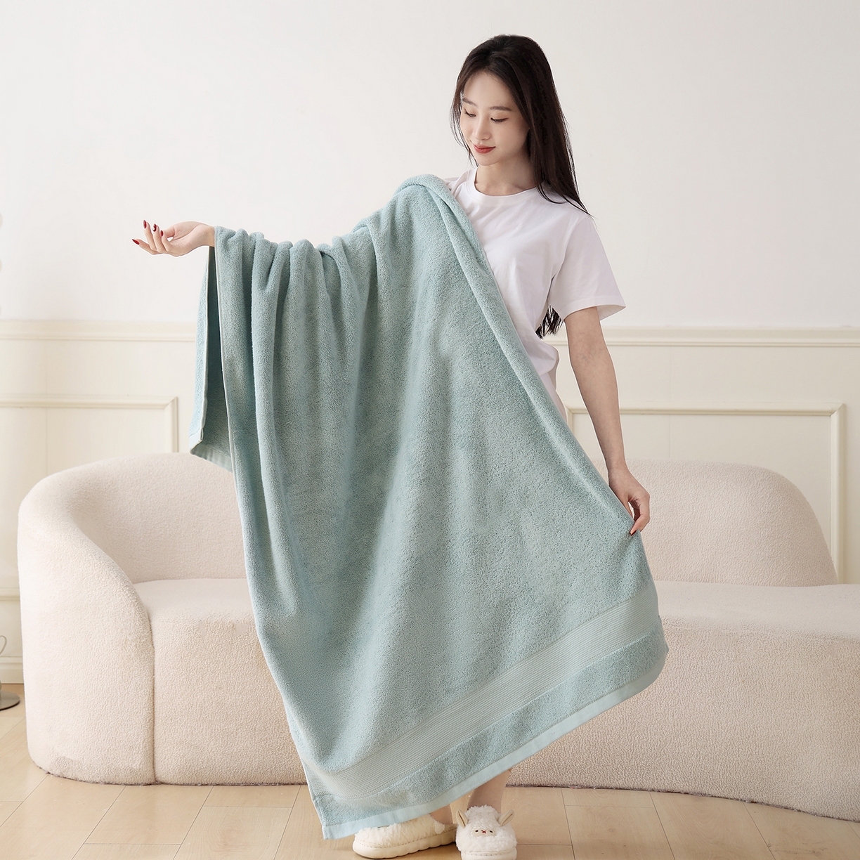91家纺网 家纺一手货源 找家纺 朴尔家纺-毛巾被 2026新款纯色全棉缎档加大加厚浴巾-晨雾 樱草绿 90x180cm/条