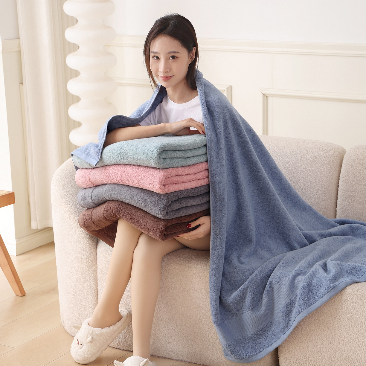 朴尔家纺-毛巾被 2026新款纯色全棉缎档加大加厚浴巾-晨雾 组合图（仅供展示不可下单） 90x180cm/条