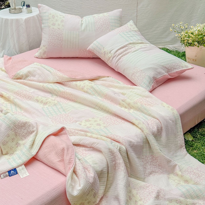 91家纺网 家纺一手货源 找家纺 木楌家居 2026年新款全棉皱皱纱夏被夏凉被空调被夏被四件套 百福-粉