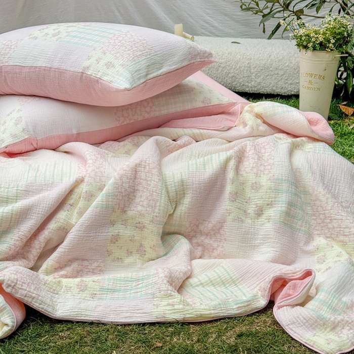 91家纺网 家纺一手货源 找家纺 木楌家居 2026年新款全棉皱皱纱夏被夏凉被空调被夏被四件套 百福-粉