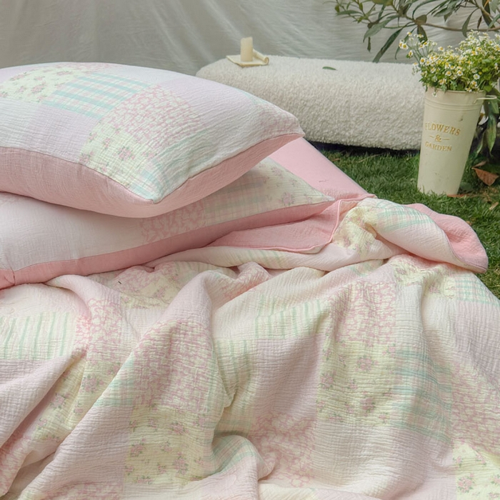 91家纺网 家纺一手货源 找家纺 木楌家居 2026年新款全棉皱皱纱夏被夏凉被空调被夏被四件套 百福-粉