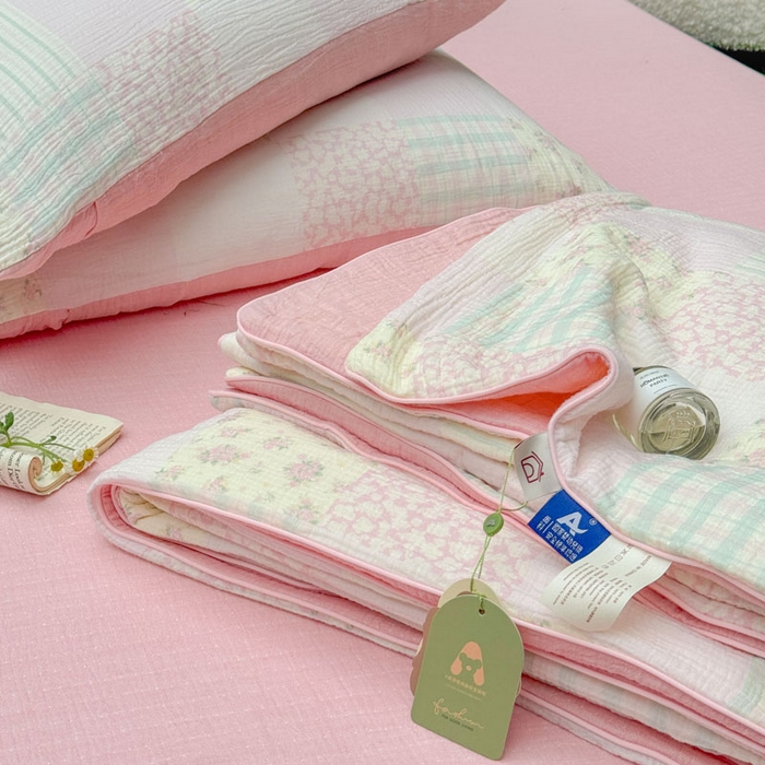 91家纺网 家纺一手货源 找家纺 木楌家居 2026年新款全棉皱皱纱夏被夏凉被空调被夏被四件套 百福-粉