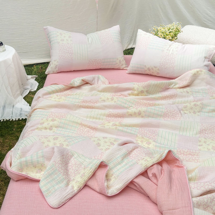 91家纺网 家纺一手货源 找家纺 木楌家居 2026年新款全棉皱皱纱夏被夏凉被空调被夏被四件套 百福-粉