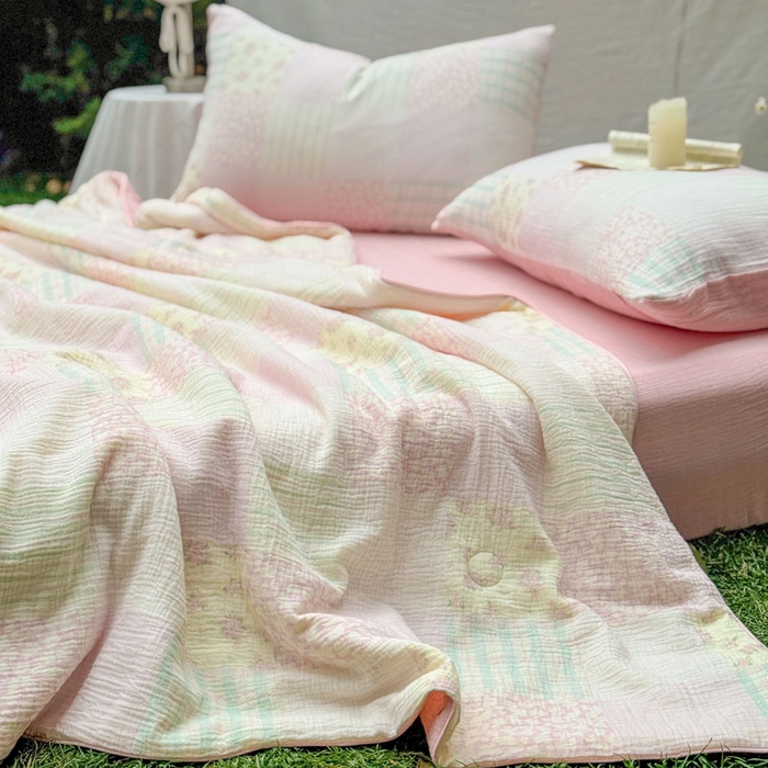 91家纺网 家纺一手货源 找家纺 木楌家居 2026年新款全棉皱皱纱夏被夏凉被空调被夏被四件套 百福-粉