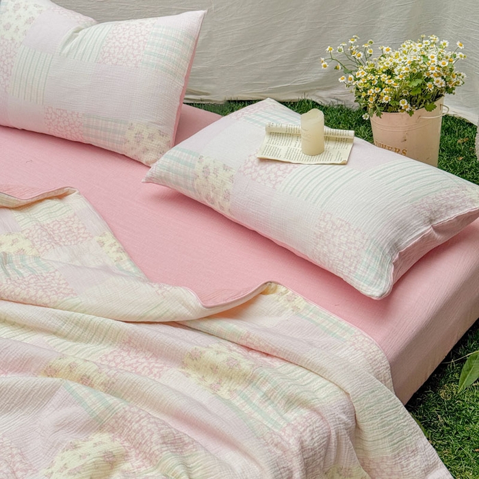 91家纺网 家纺一手货源 找家纺 木楌家居 2026年新款全棉皱皱纱夏被夏凉被空调被夏被四件套 百福-粉