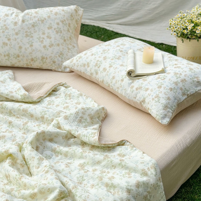 91家纺网 家纺一手货源 找家纺 木楌家居 2026年新款全棉皱皱纱夏被夏凉被空调被夏被四件套 茉白