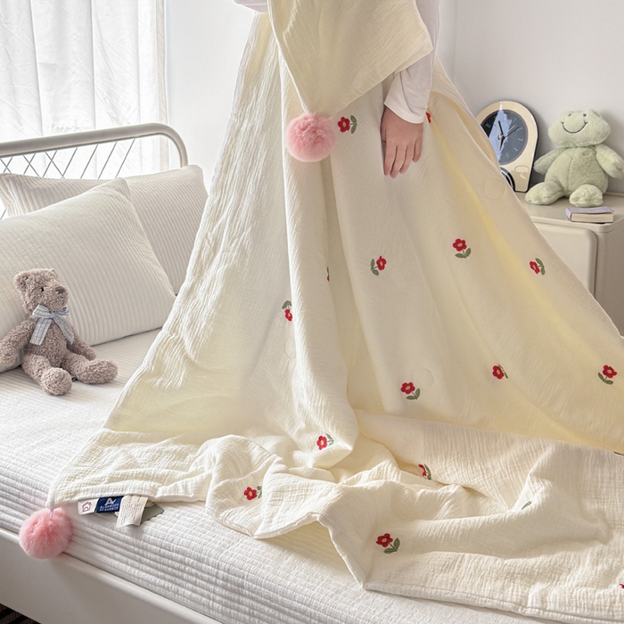 91家纺网 家纺一手货源 找家纺 木楌家居 2026新款全棉皱皱纱儿童款夏被床盖四件套 花花造梦