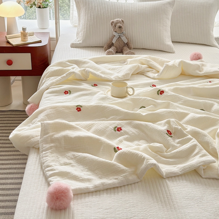 91家纺网 家纺一手货源 找家纺 木楌家居 2026新款全棉皱皱纱儿童款夏被床盖四件套 花花造梦