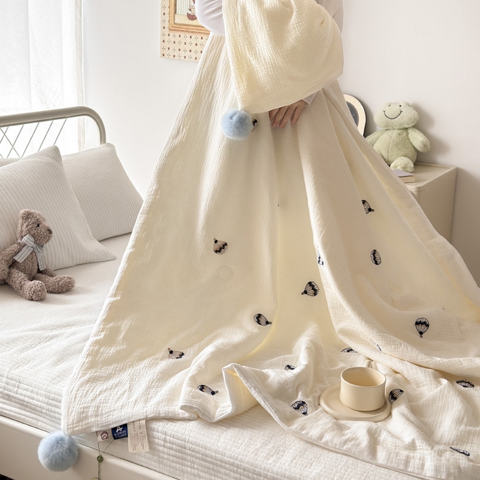 91家纺网 家纺一手货源 找家纺 木楌家居 2026新款全棉皱皱纱儿童款夏被床盖四件套 热气球