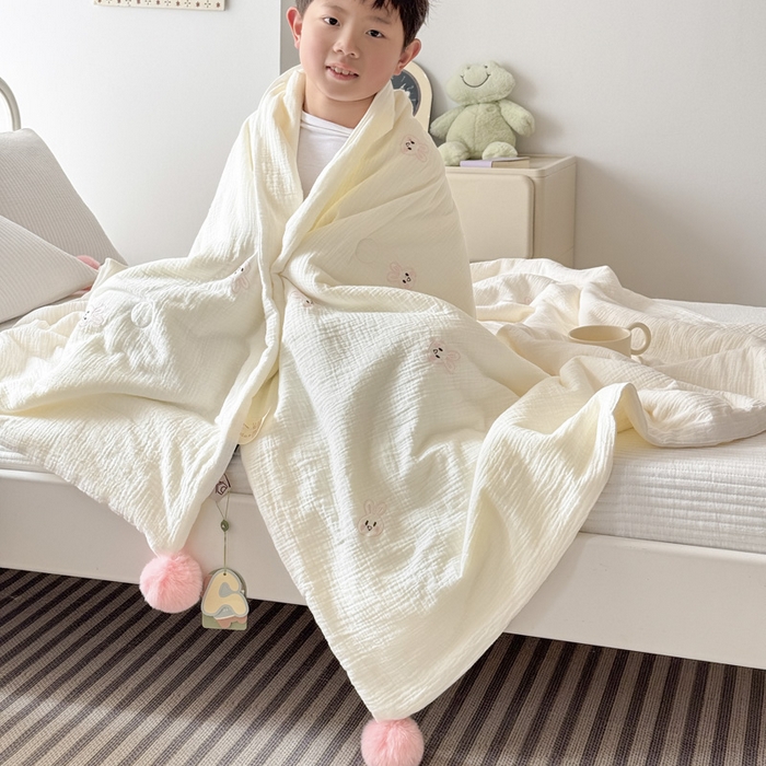 91家纺网 家纺一手货源 找家纺 木楌家居 2026新款全棉皱皱纱儿童款夏被床盖四件套 萌萌兔