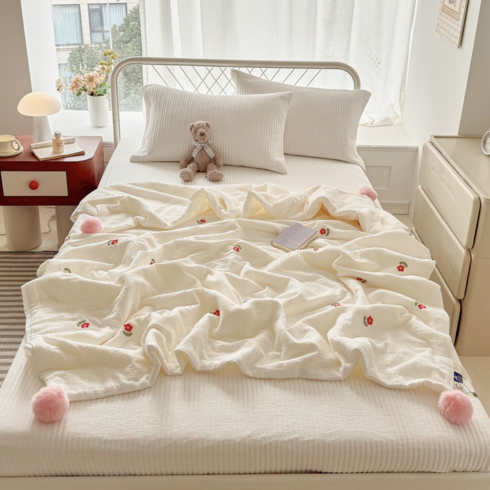 91家纺网 家纺一手货源 找家纺 木楌家居 2026新款全棉皱皱纱儿童款夏被床盖四件套 花花造梦