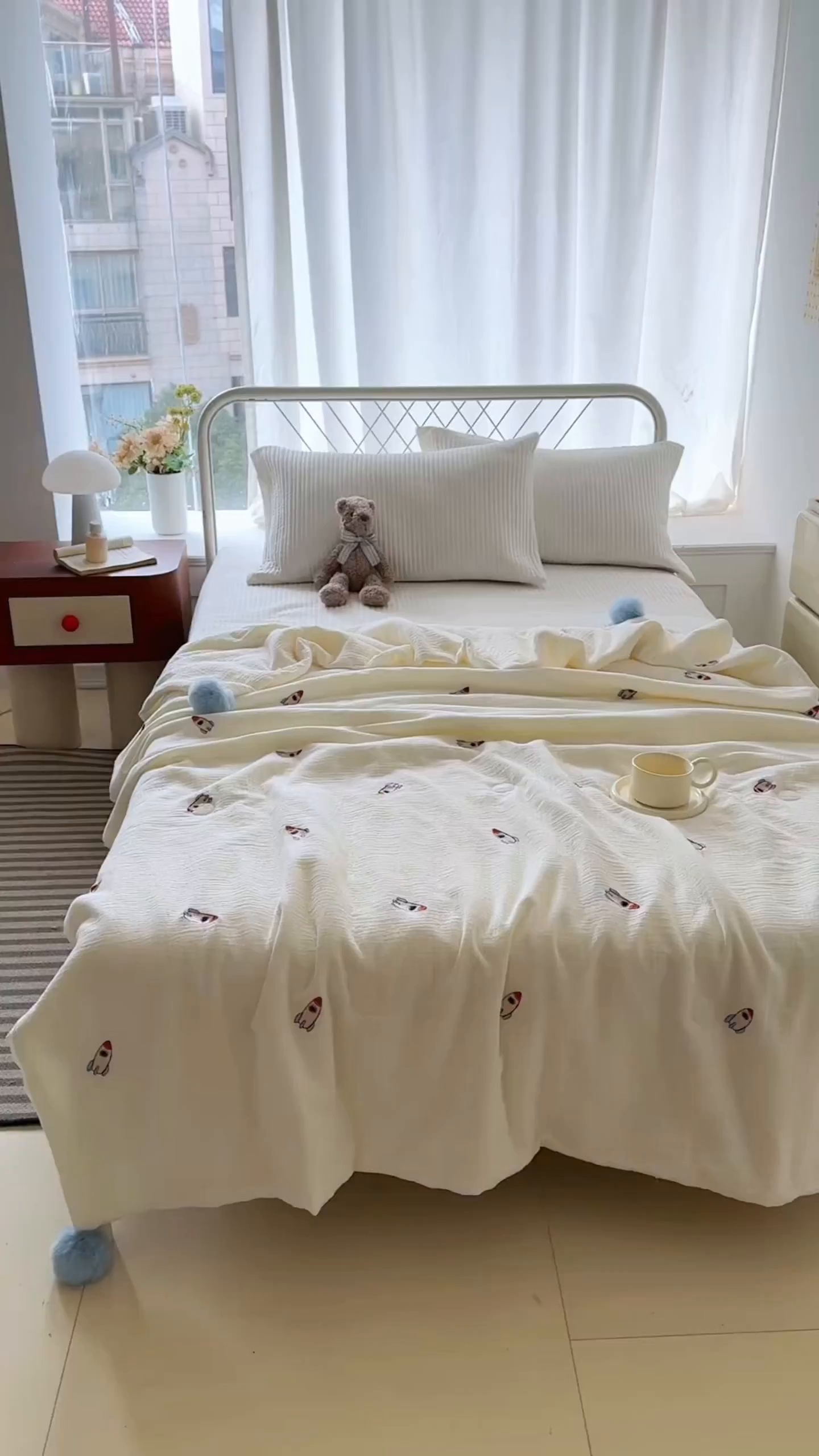 91家纺网 家纺一手货源 找家纺 木楌家居 2026新款全棉皱皱纱儿童款夏被床盖四件套 小火箭