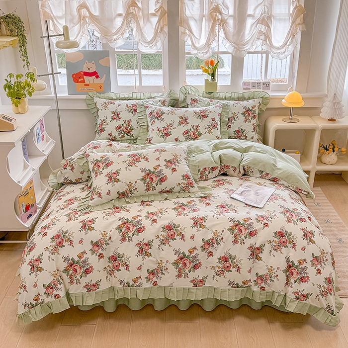 91家纺网 家纺一手货源 找家纺 （总）缦彩 2026新款纯棉花卉公主风大花边床裙四件套