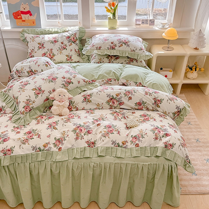 91家纺网 家纺一手货源 找家纺 （总）缦彩 2026新款纯棉花卉公主风大花边床裙四件套