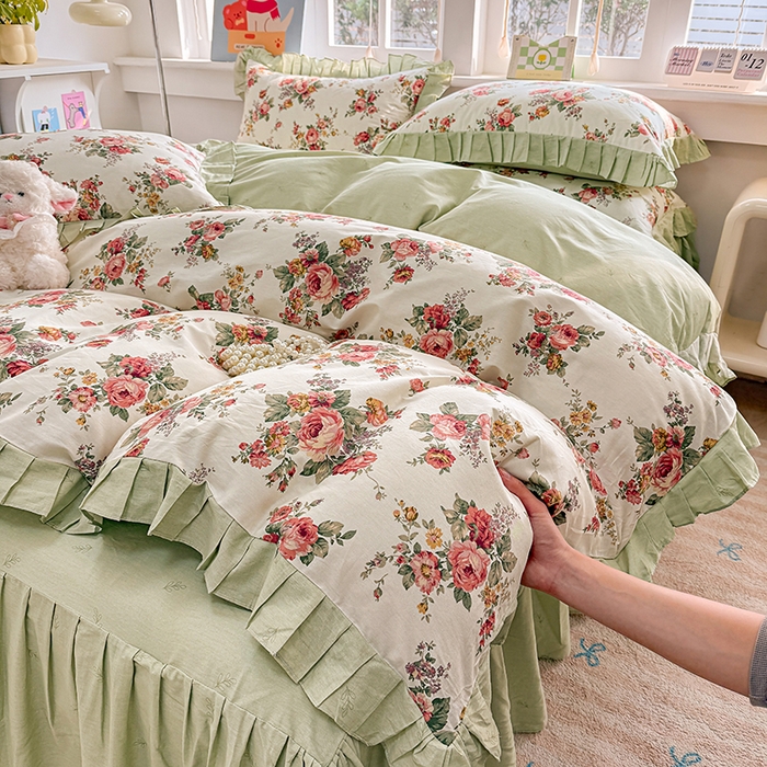 91家纺网 家纺一手货源 找家纺 （总）缦彩 2026新款纯棉花卉公主风大花边床裙四件套