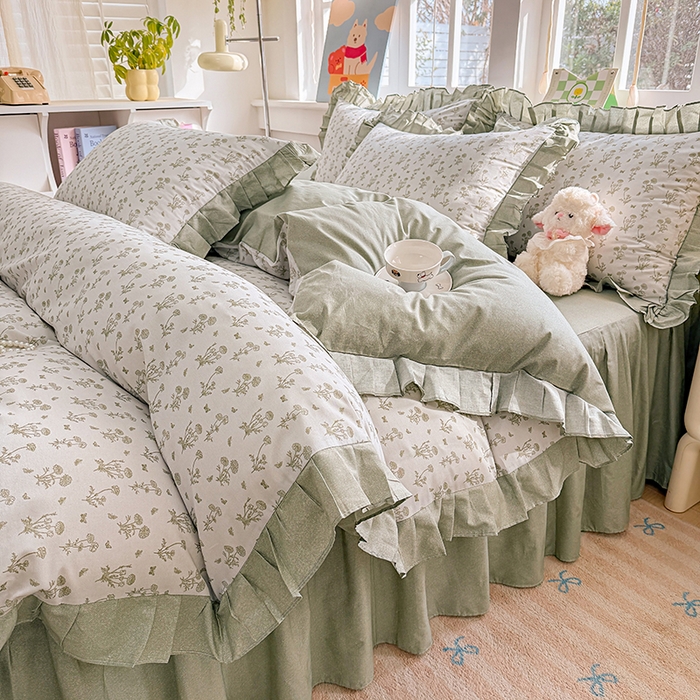 91家纺网 家纺一手货源 找家纺 缦彩 2026新款纯棉花卉公主风大花边床裙四件套 香菊-绿