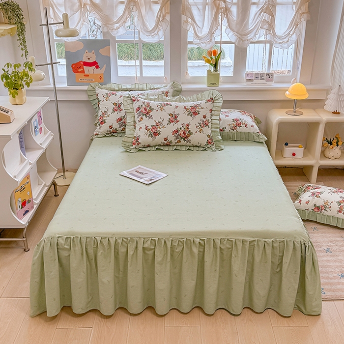 91家纺网 家纺一手货源 找家纺 缦彩 2026新款纯棉花卉公主风大花边床裙四件套 春缇玫瑰-米黄