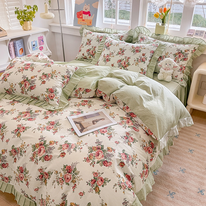 91家纺网 家纺一手货源 找家纺 缦彩 2026新款纯棉花卉公主风大花边床裙四件套 春缇玫瑰-米黄