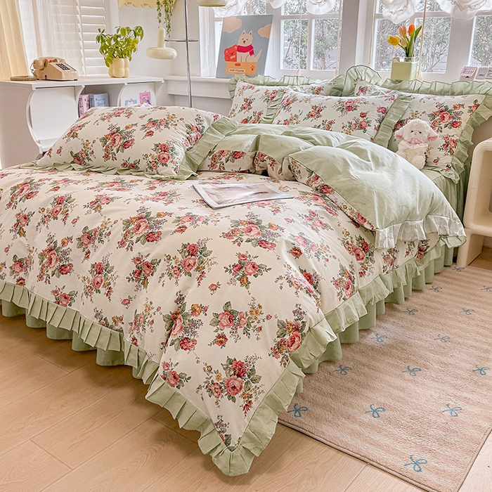 91家纺网 家纺一手货源 找家纺 缦彩 2026新款纯棉花卉公主风大花边床裙四件套 春缇玫瑰-米黄