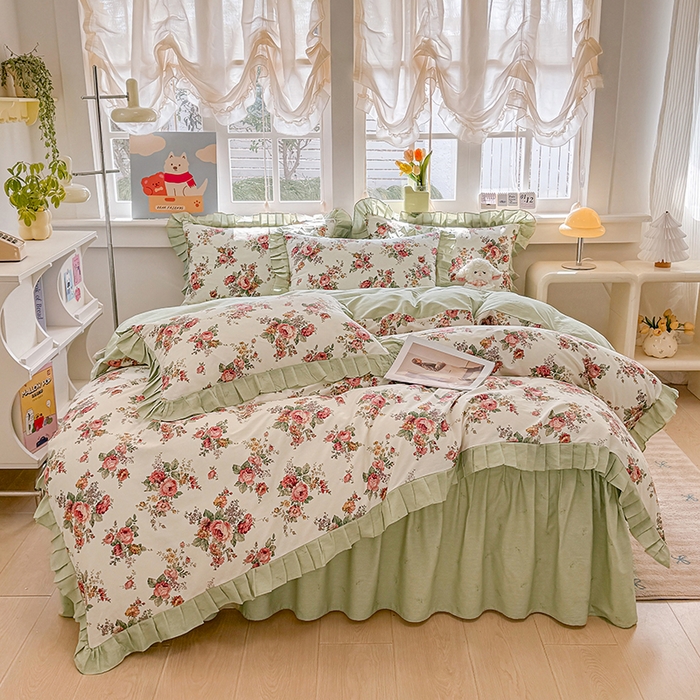 91家纺网 家纺一手货源 找家纺 缦彩 2026新款纯棉花卉公主风大花边床裙四件套 春缇玫瑰-米黄