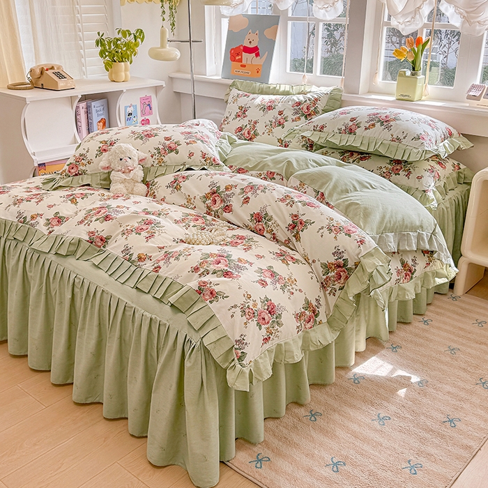 91家纺网 家纺一手货源 找家纺 缦彩 2026新款纯棉花卉公主风大花边床裙四件套 春缇玫瑰-米黄