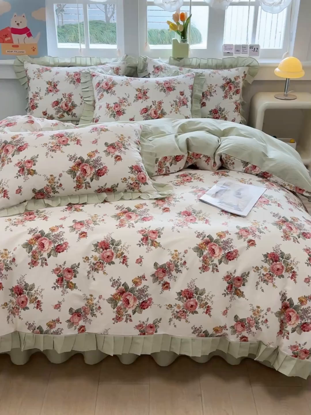 91家纺网 家纺一手货源 找家纺 缦彩 2026新款纯棉花卉公主风大花边床裙四件套 春缇玫瑰-米黄