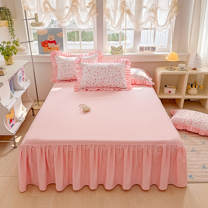 91家纺网 家纺一手货源 找家纺 缦彩 2026新款纯棉花卉公主风大花边床裙四件套 春光里