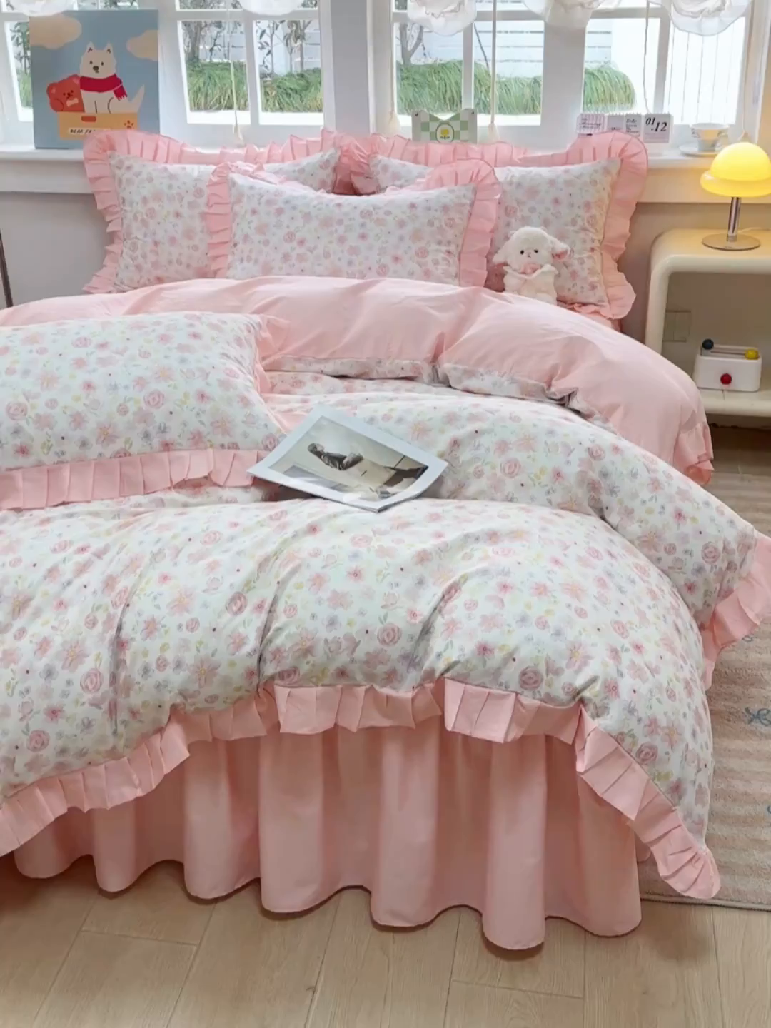 91家纺网 家纺一手货源 找家纺 缦彩 2026新款纯棉花卉公主风大花边床裙四件套 春光里