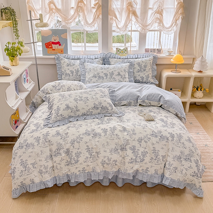 91家纺网 家纺一手货源 找家纺 缦彩 2026新款纯棉花卉公主风大花边床裙四件套 梵夕