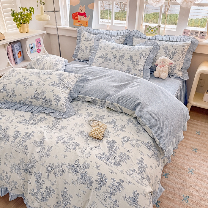 91家纺网 家纺一手货源 找家纺 缦彩 2026新款纯棉花卉公主风大花边床裙四件套 梵夕