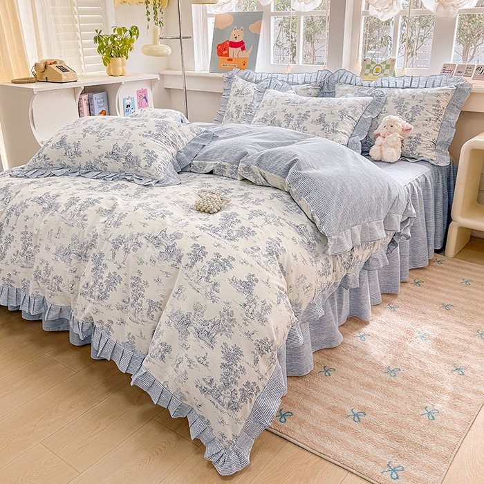 91家纺网 家纺一手货源 找家纺 缦彩 2026新款纯棉花卉公主风大花边床裙四件套 梵夕