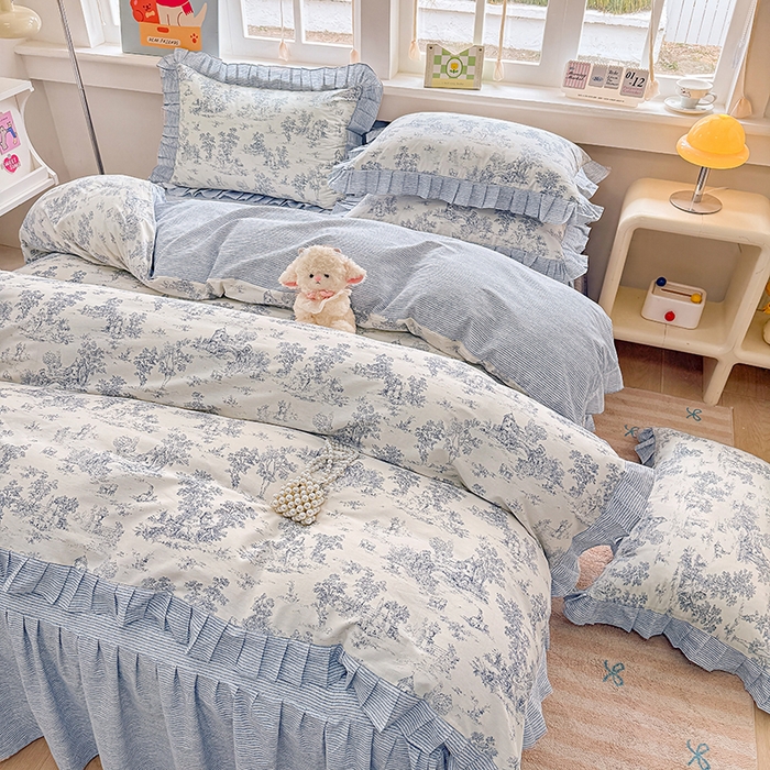 91家纺网 家纺一手货源 找家纺 缦彩 2026新款纯棉花卉公主风大花边床裙四件套 梵夕