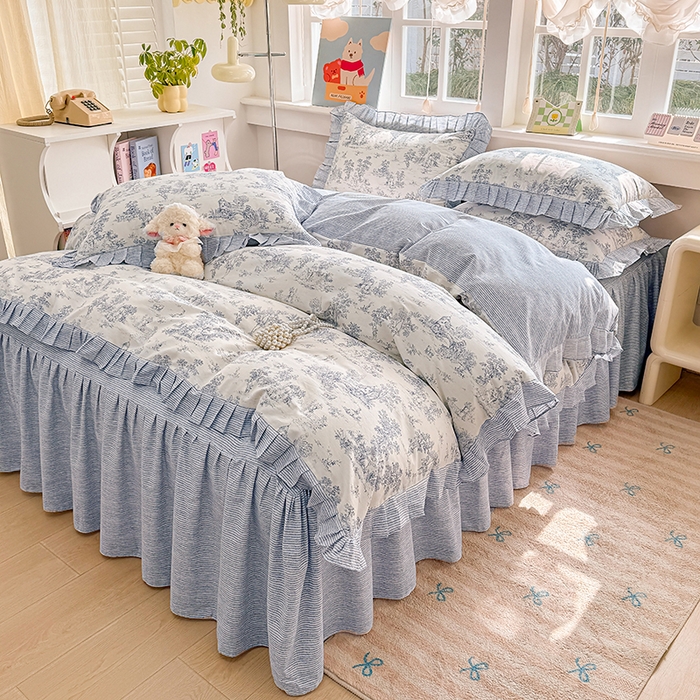 91家纺网 家纺一手货源 找家纺 缦彩 2026新款纯棉花卉公主风大花边床裙四件套 梵夕