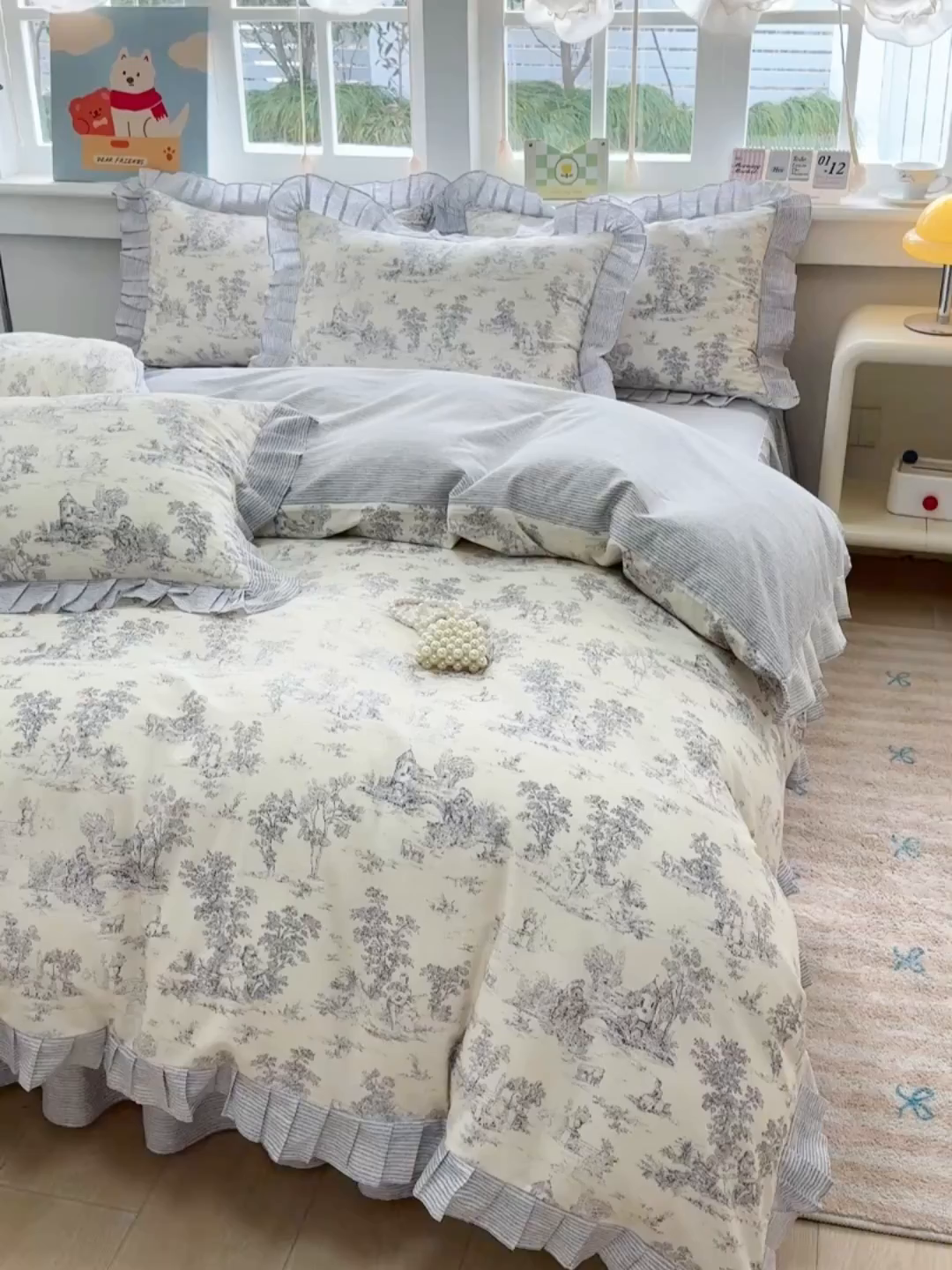 91家纺网 家纺一手货源 找家纺 缦彩 2026新款纯棉花卉公主风大花边床裙四件套 梵夕