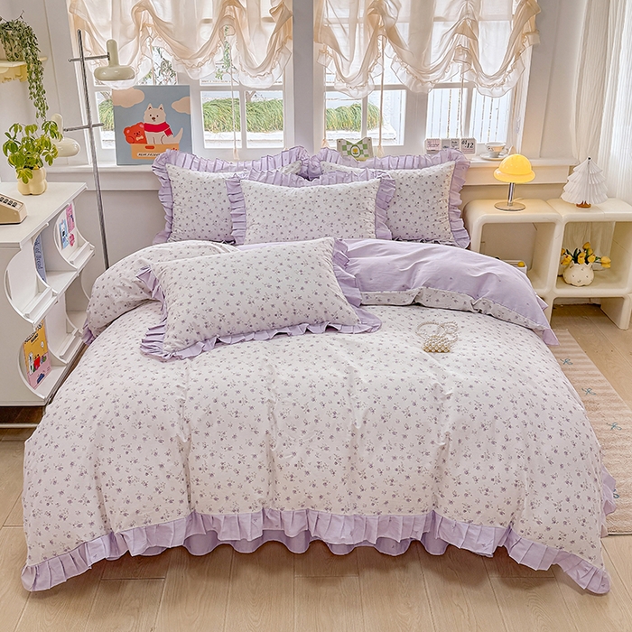 91家纺网 家纺一手货源 找家纺 缦彩 2026新款纯棉花卉公主风大花边床裙四件套 花春城